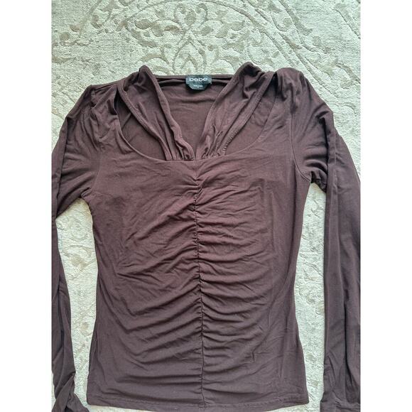 Bebe Y2K Chocolate Brown Ruched Cutout Long Sleeve Top Women’s Medium - Picture 2 of 6